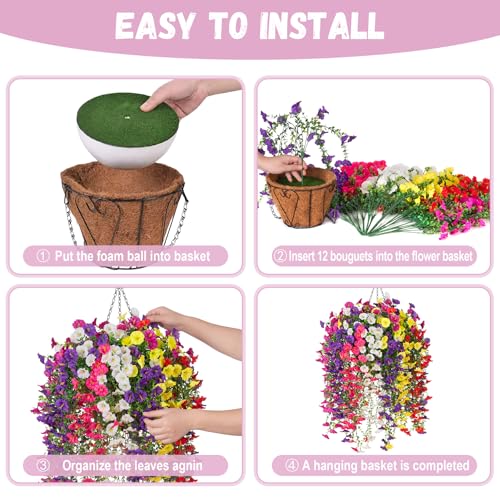 Artificial Flowers with Hanging Basket, Outdoor Faux Plants UV Resistant - color: Mix Color