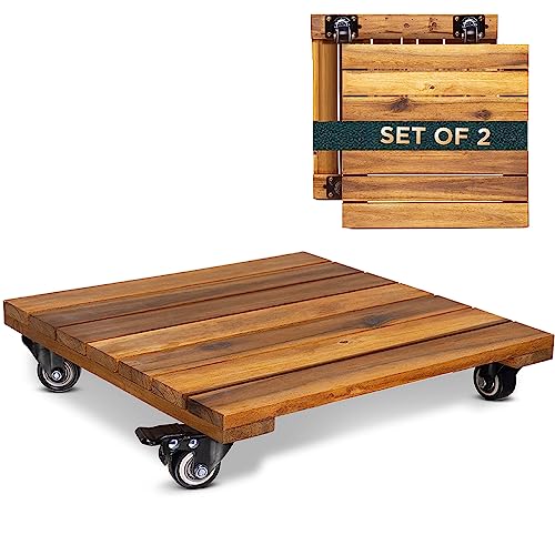 Idzo 2-Pack 14 Inch Wood Plant Caddy with Wheels Heavy Duty, 264 lbs Acacia Hardwood Plant Caster Dolly Rolling Stand with 360° Lockable Wheels for Heavy Plant Pots and Outdoor Use - color: Square Wood Natural, size: 14 Inch