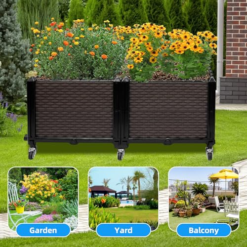 Raised Plant Box with Wheels 31.5"x15.7"x16.1", Raised Beds for Gardening Self Watering, Durable Metal Lockable Casters, Rectangular Garden Planter Perfect for Garden Patio Balcony Deck - size: L 32"xW 16"xH 16"