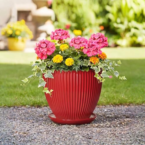 10 Inch Plant Pot, Ceramic Planters with Saucer, Red - color: Red, size: 10 Inch