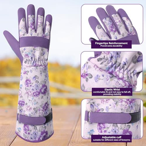 Gardening Gloves for Women, Long Garden Gloves with Grip, Thorn-Proof, Gift - color: Light Purple - Flower