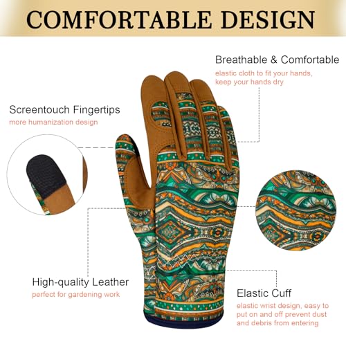 Leather Gardening Gloves for Women Thorn Proof Garden Gloves Touch Screen Working Gloves Gifts,M - color: Bohemian Style B