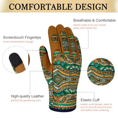 Leather Gardening Gloves for Women Thorn Proof Garden Gloves Touch Screen Working Gloves Gifts,M - color: Bohemian Style B