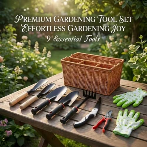 Garden Tools Set, 9 Pieces, Brown - color: brown