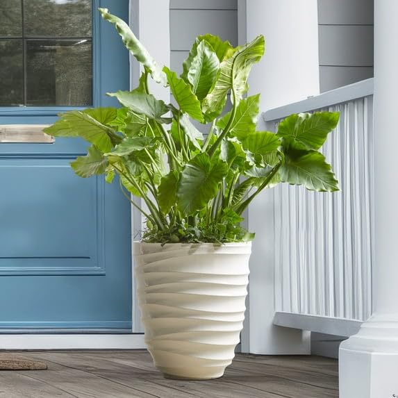 White Round Plastic Planter 16x16x18 Inches, Tall Sturdy Flower Pot for Patio and Garden, Fade and Weather Resistant, Lightweight Design with Drainage