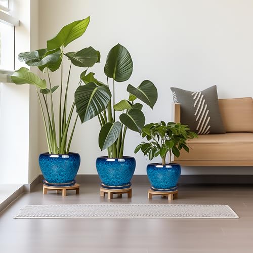 Ceramic Plant Pots Indoor, 10 Inch 8 Inch 6 Inch Round Planters Pots for Indoor Outdoor Plants, Modern Large Flower Pots with Drainage Holes and Saucers, Set of 3, Blue - color: Blue