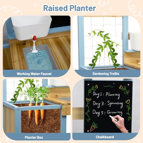 Kids Potting Bench for Outdoor, Fir Wood Gardening Station with Transparent Planter Box, Outside Activity Wooden Table with Sink,Faucet, Garden Accessories, Mud Kitchen for Kids 3+