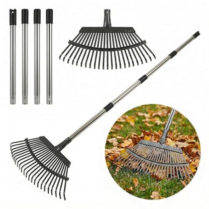 Metal Bow Leaf Rake with 25 Steel Teeth & 68" Stainless Steel Handle - size: 68-IN