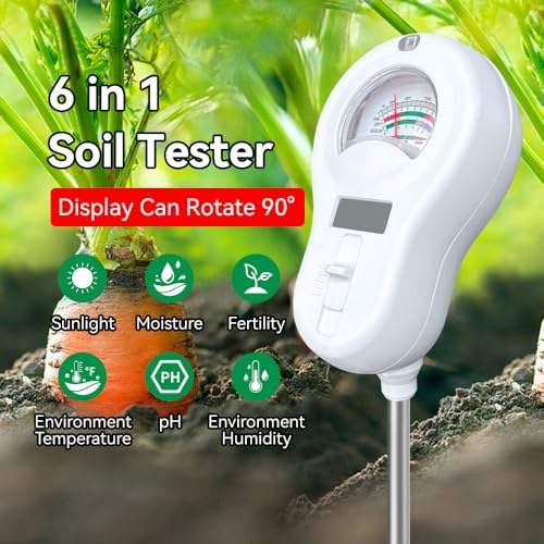 6-in-1 Soil pH Meter, Soil Moisture Tester with Detachable Probe, Backlit LCD & Dial Display, Includes Battery & 3 Spare Probes for Garden, Farm, Lawn Plants