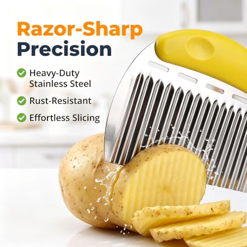 Crinkle Cutter French Fry Cutter, 2 Pack Stainless Steel Wavy Potato Slicer - color: Yellow & Green