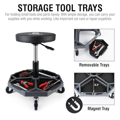 Olympia Tools Adjustable Hydraulic Rolling Mechanics Stool with with Removable Tool Tray, 300lbs Max Weight Capacity, 419-110-1002 - style: Round
