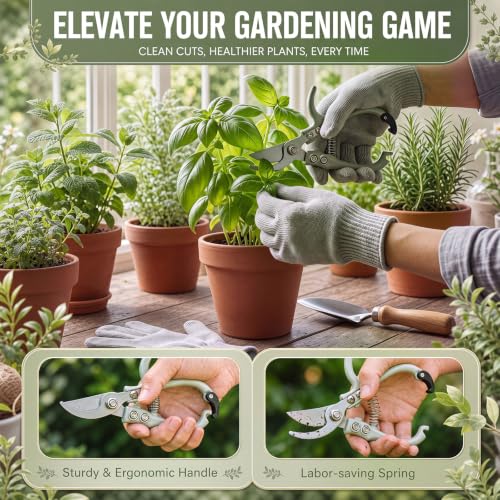 4 Pack Garden Pruning Shears Set, Lightweight Gardening Scissors with Safety Lock, Rust Resistant Bypass and Straight Blade Garden Clippers for Plants, Flowers, Fruit Trees, Green