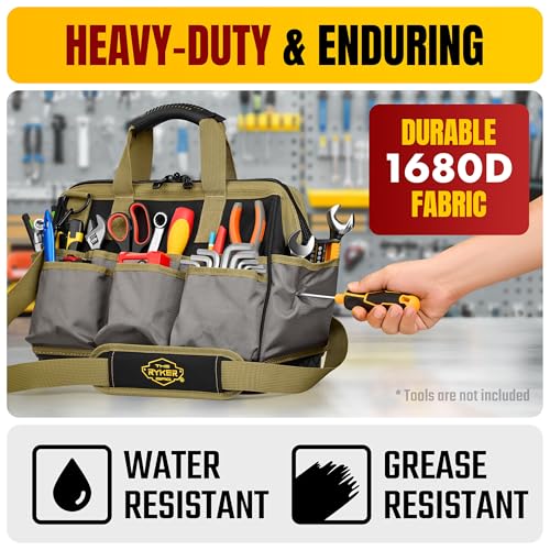 Ryker 16’’ Heavy Duty Tool Bag. Tool Box Organizer for Electrician Plumber - color: Khaki 16