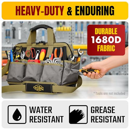Ryker 16’’ Heavy Duty Tool Bag. Tool Box Organizer for Electrician Plumber - color: Khaki 16