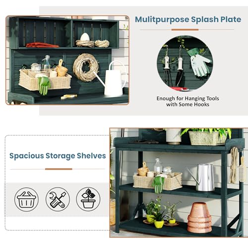 Outdoor Potting Bench Table with Storage, Farmhouse Wood Garden Tables with Storage Shelves and Side Hooks, Potting Tables for Outside, Patio, Backyard, Easy Assembly, Dark Green - size: 65'' Dark Green
