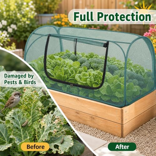 2Pack Garden Covers for Raised Beds, Pop Up Mesh Plant Covers for Outdoors, 30% Sunblock Plant Shade Tent, Crop Cage for Seedlings Vegetable Against Birds, Animals, with 8 Stakes (45"X22"X16")