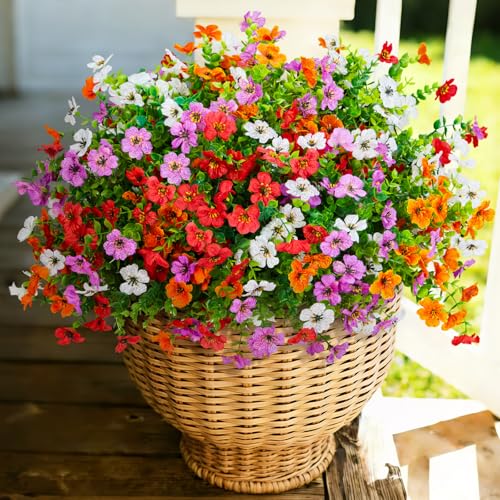 Hrobek Fake Artificial Flowers for Outdoors Faux Plants Outside Indoor - color: 4 Color Mixed (3 Purple,3 Red,3 Orange,3 White)