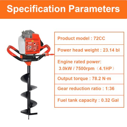 72CC Gas-Powered Post Hole Digger, 2 Stroke Auger, Orange - size: 72CC