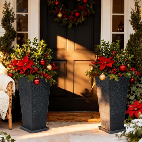 Autodaya 28" Plant Pots Tall Planters for Plants Outdoor Set of 2 with Tray - color: Tall Terrazzo Black-28"