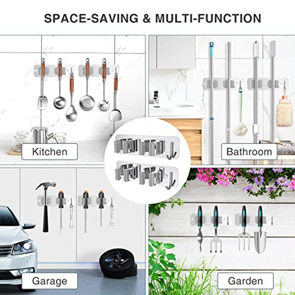 homeasy Wall Mount Mop and Broom Holder, Heavy Duty Stainless Steel Organizer Rack with Hooks | 2-Pack, 2-in-1 No Drill & Screw Installation, Silver - color: Silver-2
