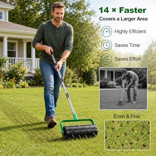 15" Rolling Lawn Aerator, Heavy Duty Push Spike Aeration Tool with 42 Spikes, Filled Pull Behind Garden Drum Roller with 71" Adjustable Handle, Soil Penetrator Push Lawn Aeration for Garden Yard Farm