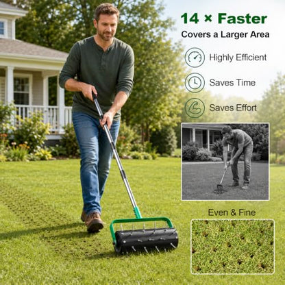 15" Rolling Lawn Aerator, Heavy Duty Push Spike Aeration Tool with 42 Spikes, Filled Pull Behind Garden Drum Roller with 71" Adjustable Handle, Soil Penetrator Push Lawn Aeration for Garden Yard Farm