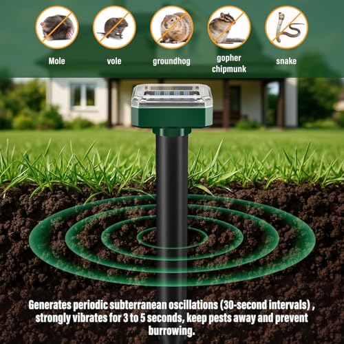 Mole Repellent Solar Powered Waterproof Sonic Spikes, Outdoor Long-Lasting Snake Repelling Stakes, Get Rid of Groundhog Chipmunk Vole for Lawns, Garden, Farm & Yard, 10 Pack