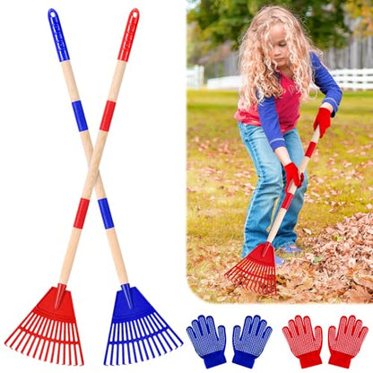 2 Pcs 35'' Kids Rakes for Leaves - Plastic Rake Head with 2 Pairs Kids - color: Red & Blue-2 Pack