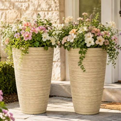 24" Large Outdoor Planters for Plants, Cream Beige Tall Flower Pots - color: 23.5"h-ivory Stripes Texture