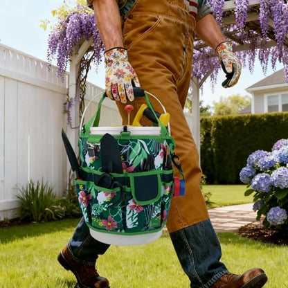 KUNN Bucket Tool Organizer 5 Gallon 18-Pocket Gardening Tool Bag with Hangable Handle | Garden Caddy & Bucket Accessory, Green - color: Green Leaf