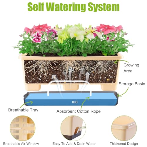 Oliz Window Box Planter 8 Pcs, 17 Inches Rectangle Flower Pots with Drainage Holes & Trays, Vegetable Planters for Windowsill Patio Garden Balcony Home Indoor Outdoor (Barley Yellow, 16 * 7 * 6 inch) - color: Barley Yellow