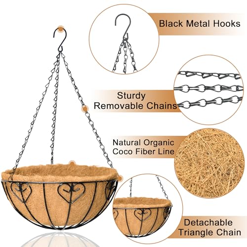 4 Pack 14 Inch Hanging Baskets for Plants Outdoor Metal Hanging Planter Basket with Coco Coir Liner Hanging Flower Baskets Hangings Flower Pots Holder for Garden, Patio(AX) - size: 14 Inch, style: Modern