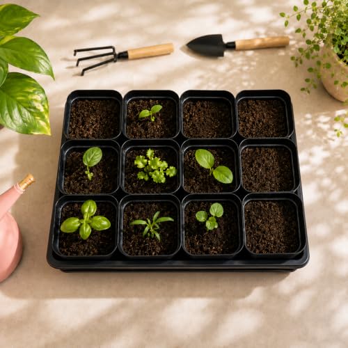 5 Pack Plastic Seed Starter Tray with 60pcs 3.5 inch Nursery Pots - size: Thick Trays+Square Pots-5P