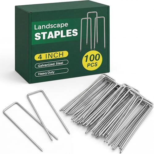 CEWOR 100 Pack Landscape Staples 4 Inch, Galvanized Steel Garden Stakes - size: 4 Inch-100 Pack