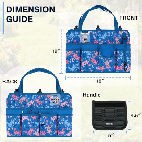 KUNN Bucket Organizer 5 Gallon 18-Pocket Tool Bucket Bag with 6 Hooks, Gardening Tool Holder Caddy for Gardeners, Outdoor Yard Work, Soil Plant Flower Gardening Accessories with Grip Pad, Blue - color: Blue Floral