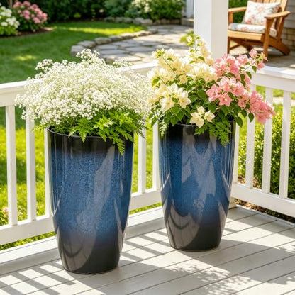 Autodaya 24" Large Tall Outdoor Planters Set of 2, Faux Ceramic Flower Pots - color: 23.8" Blue Gradient Cobalt Finish