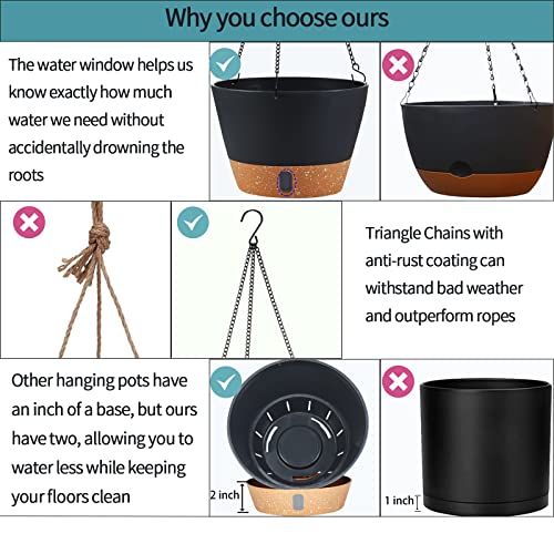 2 Pack Hanging Planters for Indoor Outdoor Plants, 10 Inch Hanging Flower Pot Basket with Drainage Hole with Removable Tray&Hooks Self Watering Plant Pot for Hanging Plants, Dark Grey