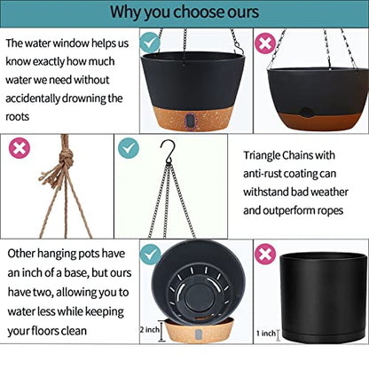 2 Pack Hanging Planters for Indoor Outdoor Plants, 10 Inch Hanging Flower Pot Basket with Drainage Hole with Removable Tray&Hooks Self Watering Plant Pot for Hanging Plants, Dark Grey