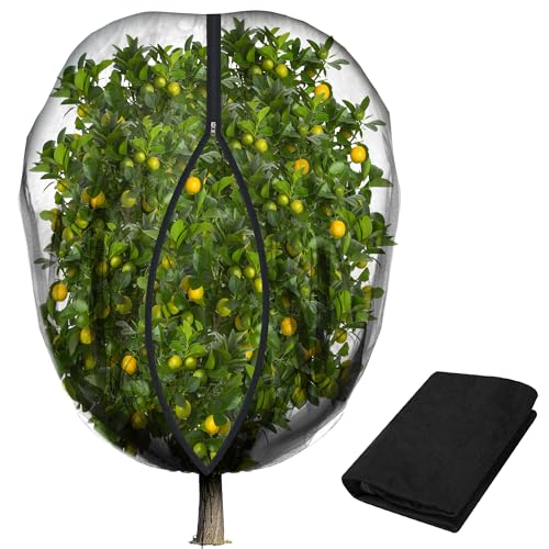 5.3 x 5.3 Ft Black Large Fruit Tree Netting with Zipper and Drawstring, Breathable Mesh Garden Bird Netting Plant Cover, Insect Bird Barrier Net Mesh for Protect Fruits Plants from Squirrel Bugs - size: 5.3 x 5.3 Ft