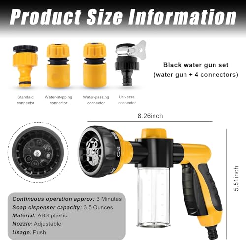 Wevdn Car Wash Nozzle, High Pressure 8 Adjustable Patterns Sprayer with Soap Dispenser, Universal Garden Hose Foam Nozzle for Car Washing and House Cleaning, Car Accessories (Yellow, 4 Connectors) - color: Yellow, 4 Connectors