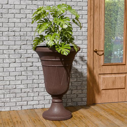 Tall Plastic Urn Planters and Pedestal - 24" Outdoor Planter Brown - color: Brown-trophy