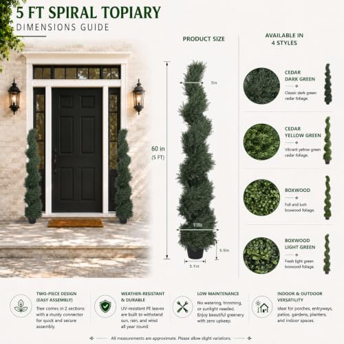 THE BLOOM TIMES 4ft Tall Spiral Topiary Trees Artificial Outdoor Set of 2 - color: Cedar Dark Green, size: 4ft