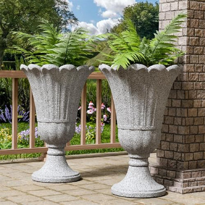 Tall Plastic Urn Planters and Pedestal - 24" Outdoor Planter Grey - color: Gray2-petal