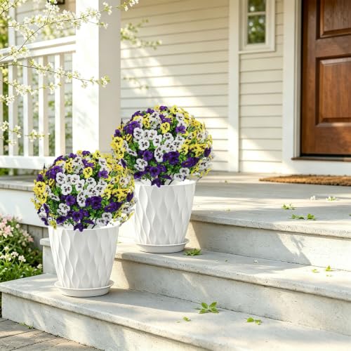 24" Artificial Pansy Flowers for Outdoors with Cement Pots Set of 2 - color: Pansy Yellow-purple-white
