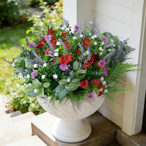 Hrobek Fake Artificial Flowers for Outdoors Faux Plants Outside Indoor - color: 6 Color Mixed(2 Lavender,2 Fittonia,2 Ferns,2 Boxwoods,2 Lt. Purple,2 Red Daisy)