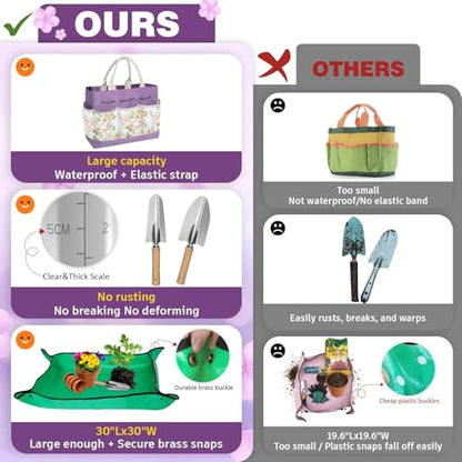 22Pcs Gardening Tools Set for Women Heavy Duty Garden Hand Tool Kit,Birthday Gifts for Mom Wife Grandma Beginner Gardening Accessories with Large Tote Bag/Shovel/Repotting Mat/Plant Labels/Gloves - color: Purple