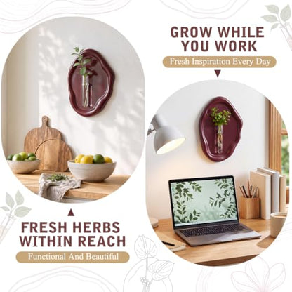 Modern Wall Mounted Resin Vase with Magnetic Glass Tube, Maroon - color: Maroon