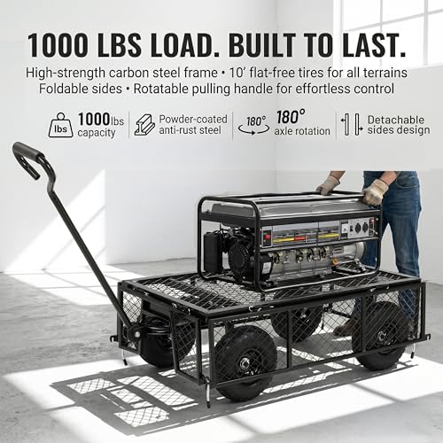 Finnhomy Heavy Duty 1000 Lbs Capacity Mesh Steel Garden Cart, Pullable Garden Wagons Carts on Wheels, Folding Utility Wagon with Removable Sides for Outdoor, Yard, Lawn, Black - color: Black
