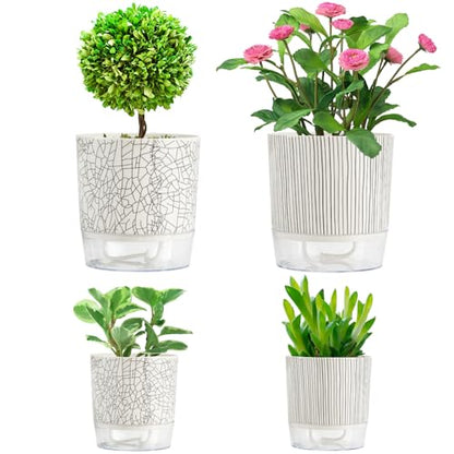 BamLue 4-piece Self Watering Plant Pot for Indoor Plants, Self Watering Planter, Flower Pots Outdoor Indoor, Planters with Drainage Hole and Tray Saucer, Houseplants Pots with Water Reservoir