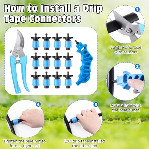 Feekoon Drip Irrigation Tool Kit, 50 Pcs Drip Tape Connectors, Drip Irrigation Tubing Hole Punch, Drip Tape Cutter,1/4 Barb Coupling Locking Fittings for 5/8 Drip Tape, Drip Tape Fittings